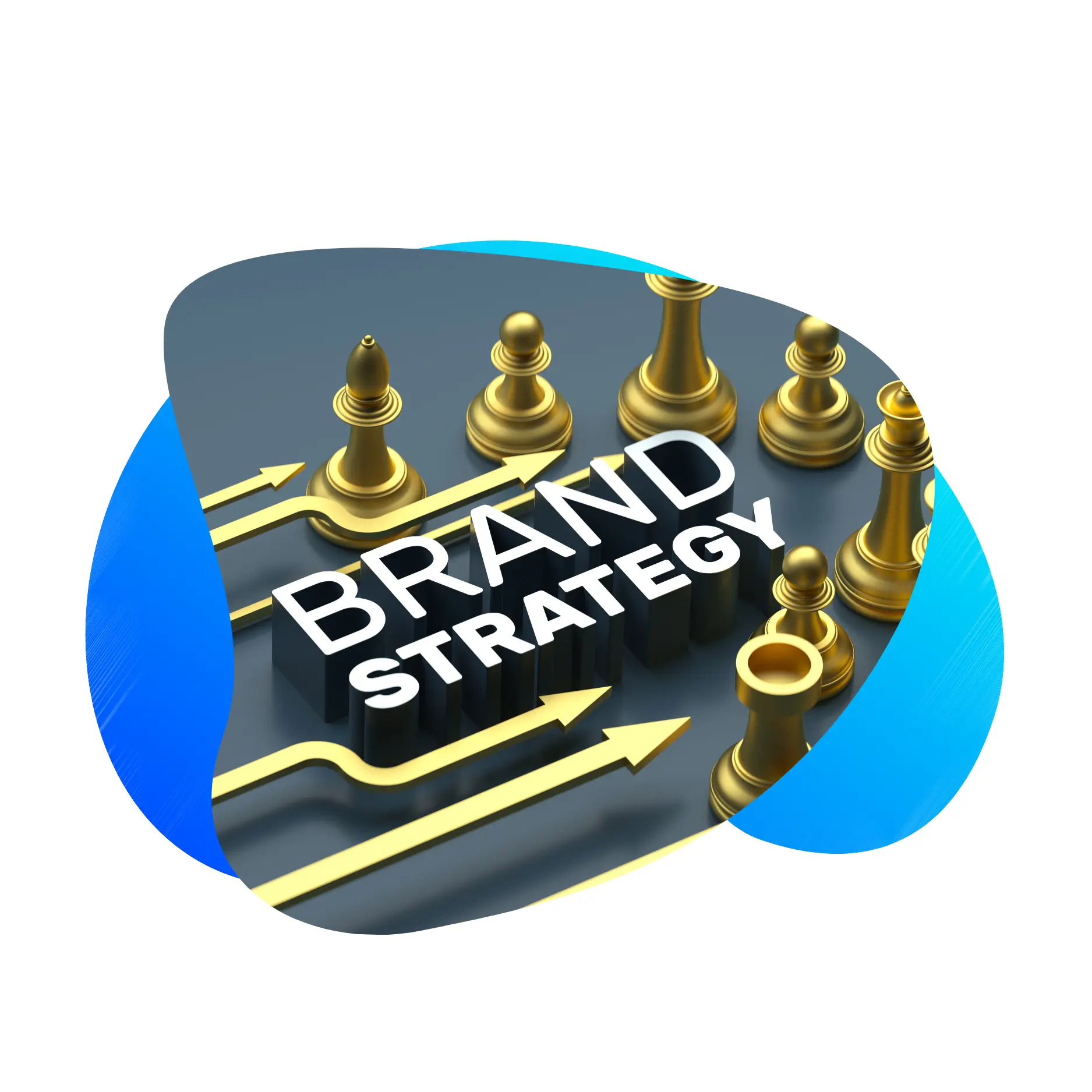 Gold chess pieces surrounding the text "Brand Strategy" with yellow arrows pointing in different directions, symbolizing strategic brand planning.