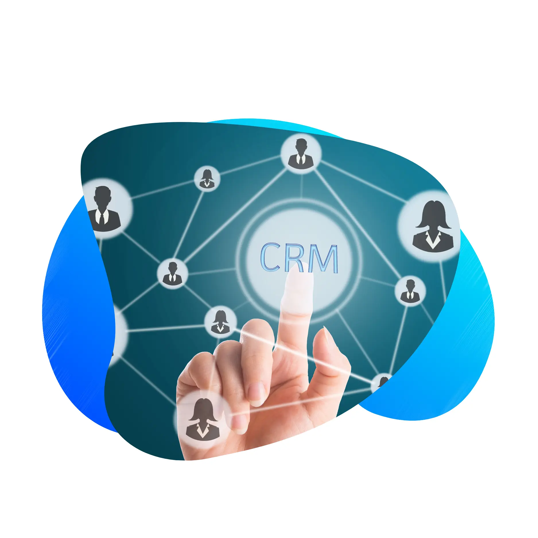 A hand interacting with a digital screen, selecting 'CRM' at the center, surrounded by connected silhouettes representing business relationships.