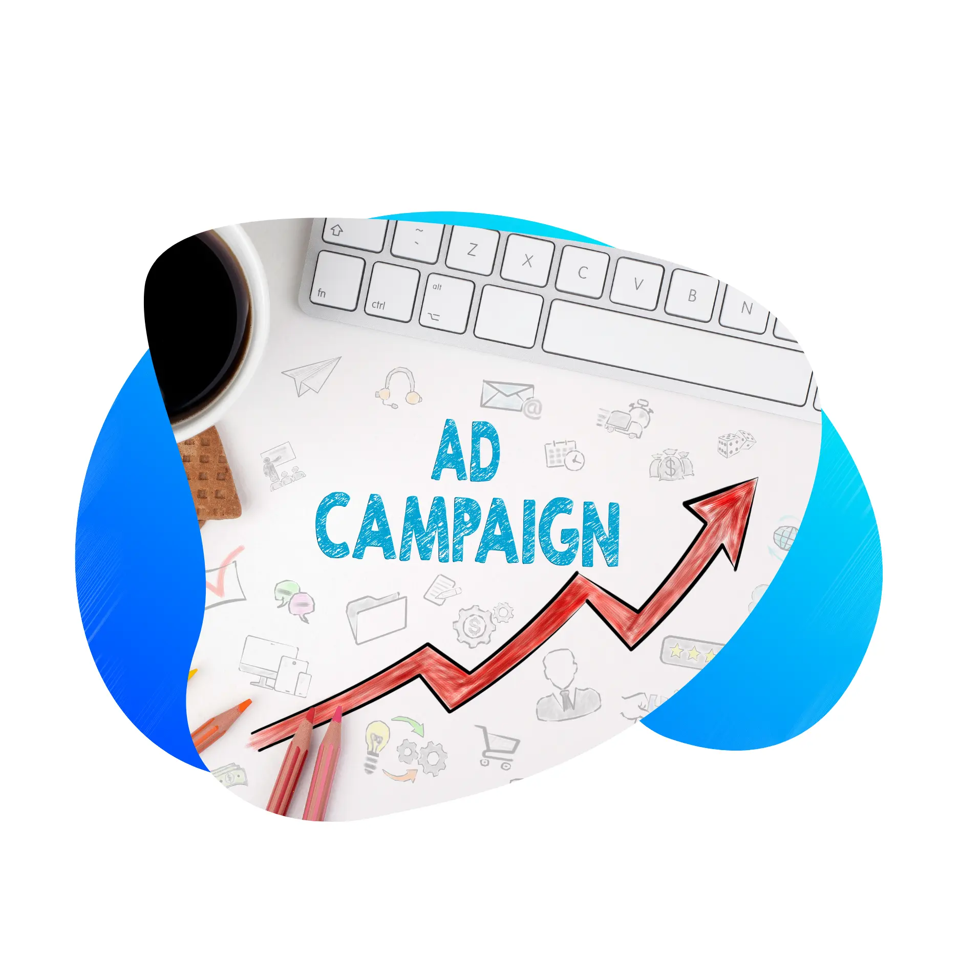 Illustration of an ad campaign with a rising arrow and digital marketing icons near a keyboard and coffee.