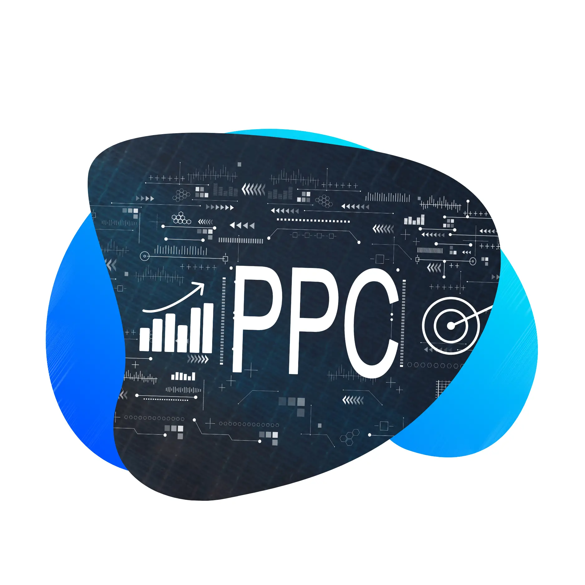 Illustration of Pay-Per-Click (PPC) with growth chart and digital targeting symbols.