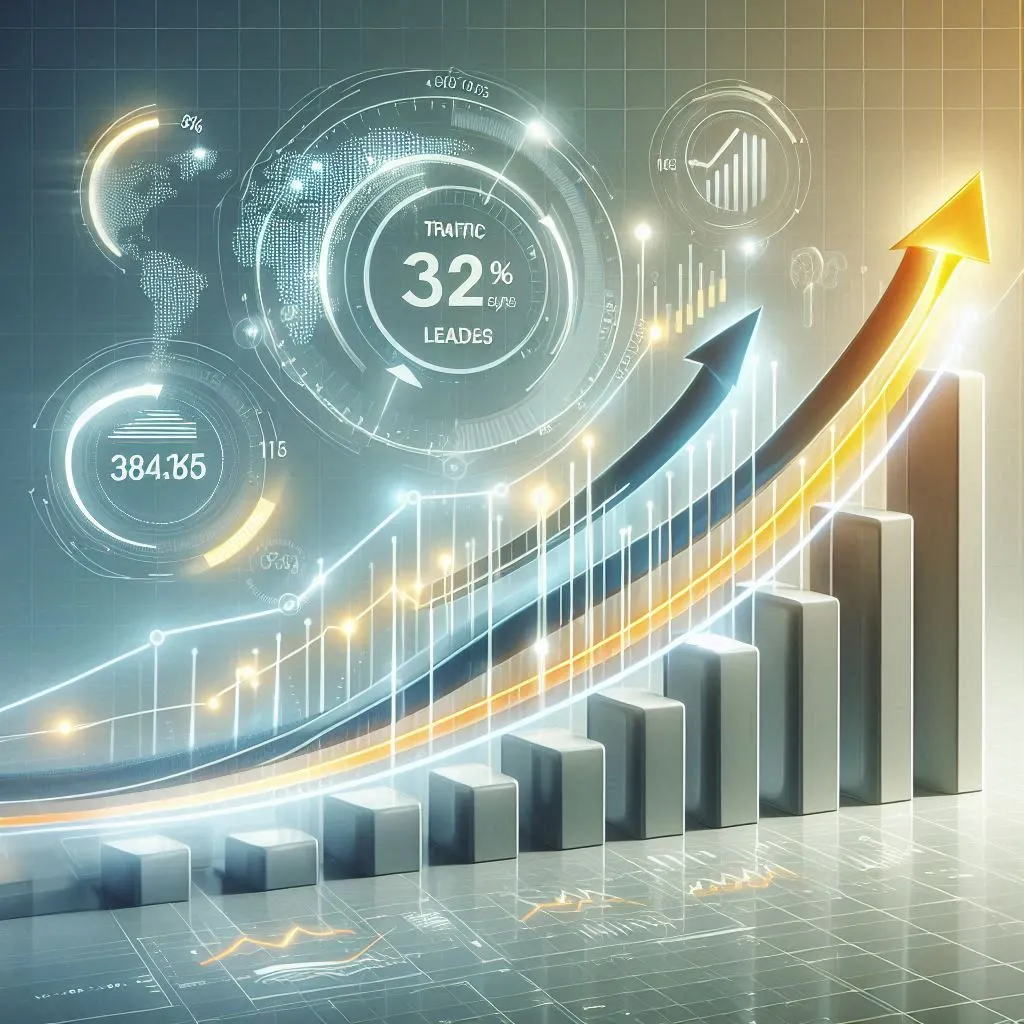 A futuristic infographic with bar graphs and line charts depicting increased growth in traffic, leads, and data analytics, highlighted with glowing arrows and digital interface elements.