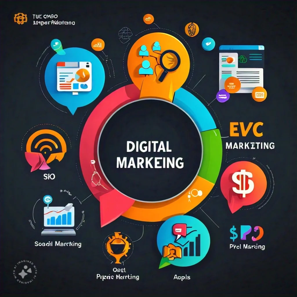 A colorful infographic displaying various digital marketing services such as SEO, social media marketing, PPC advertising, and email marketing, with vibrant icons representing each service.