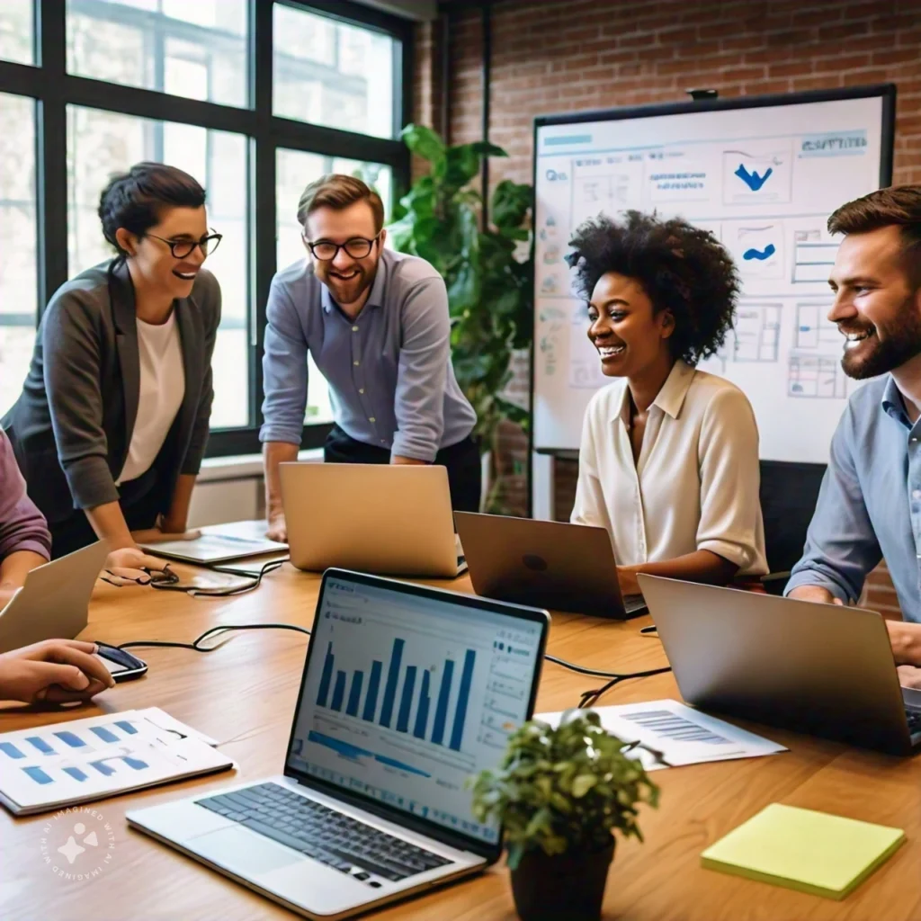 A diverse team of marketers collaborating in a modern office, smiling while reviewing analytics data on laptops at a conference table.