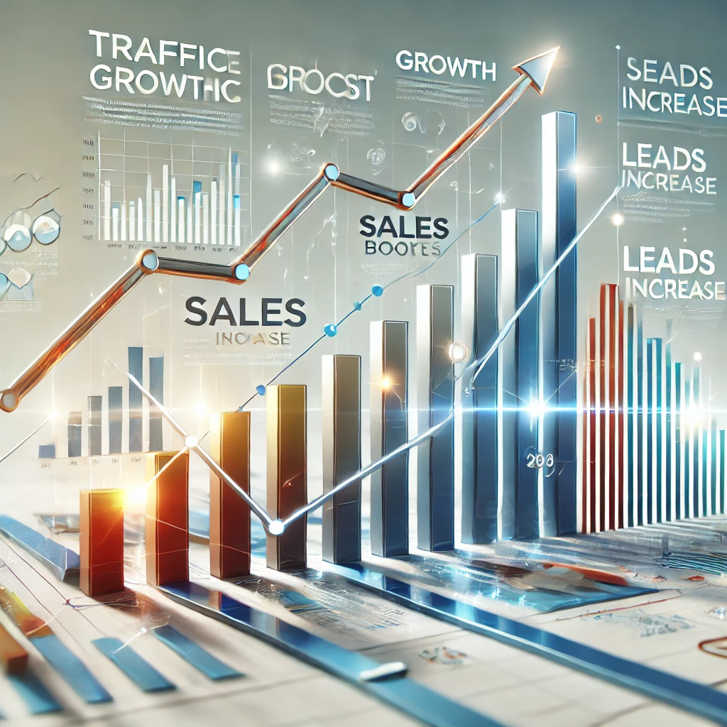 Infographic showing growth in website traffic, sales, and leads through digital marketing strategies, with bar graphs and line charts trending upward.