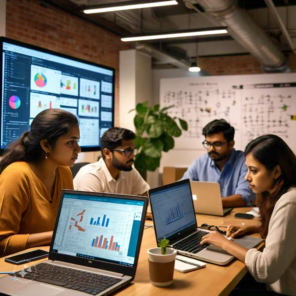 A focused team of professionals in a modern office environment analyzing data on laptops, with a large screen displaying charts and graphs in the background