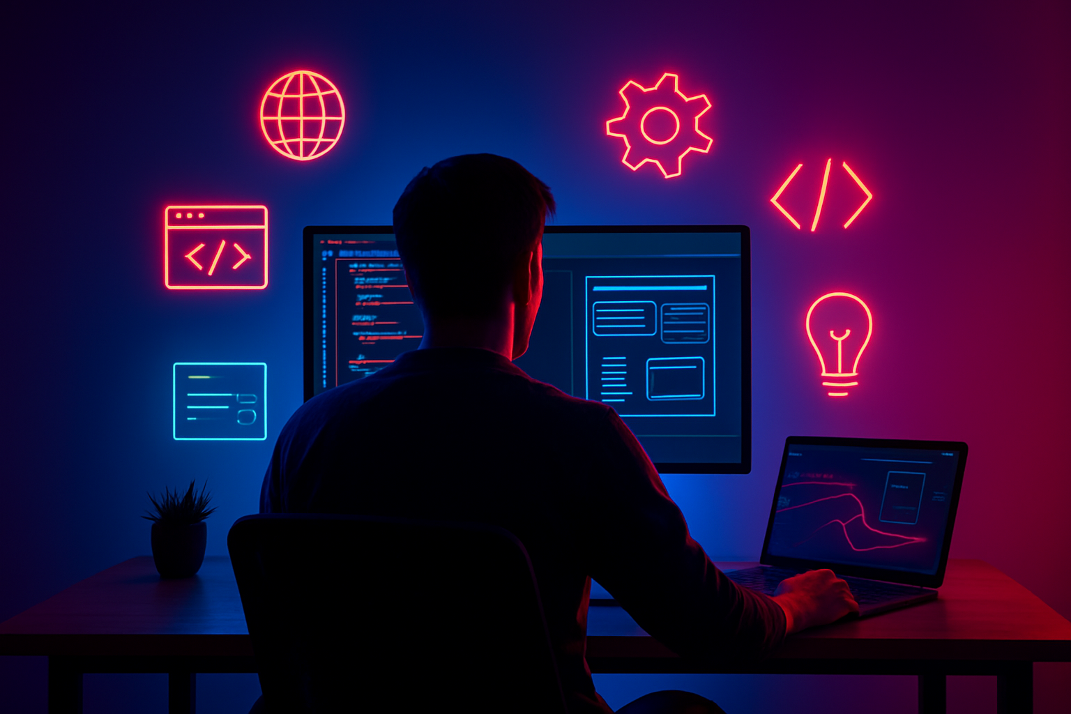 Young man standing in modern industrial style cafe, smiling, wearing plaid shirt
